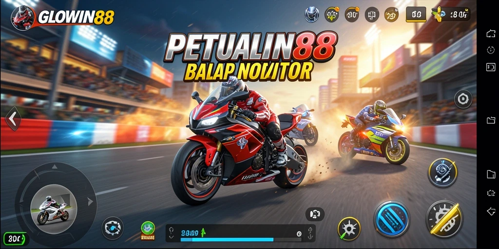 Screenshot utama GLOWIN88 menampilkan gameplay balap motor yang intens dan realistis.