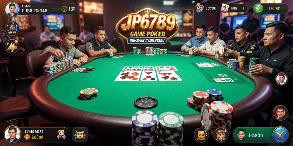 Tampilan gameplay seru dengan pemain poker di meja.