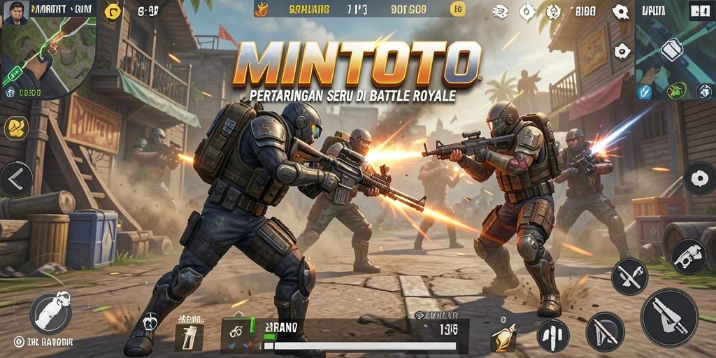 Tangkapan layar utama MINTOTO menampilkan aksi pertempuran seru Battle Royale.