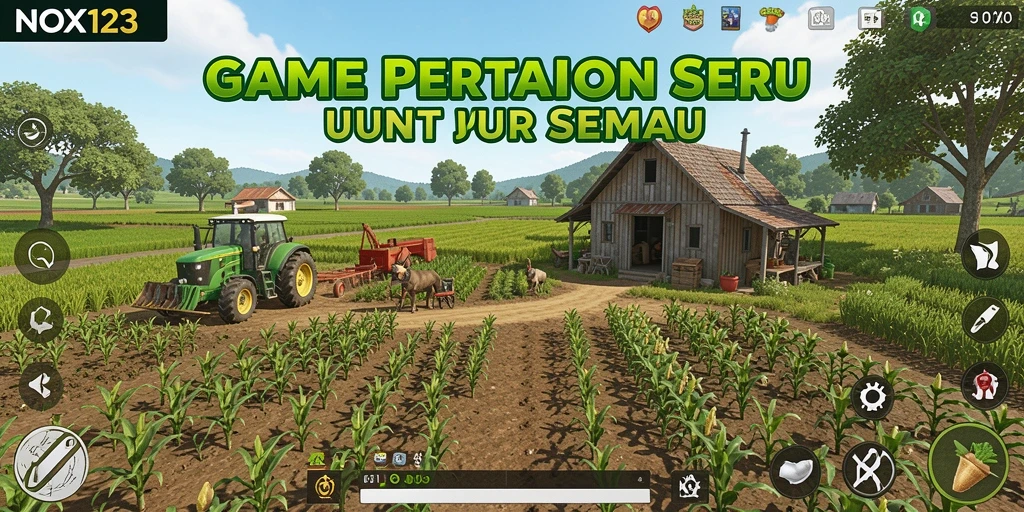 Tampilan gameplay NOX123 yang menampilkan kebun pertanian yang subur.